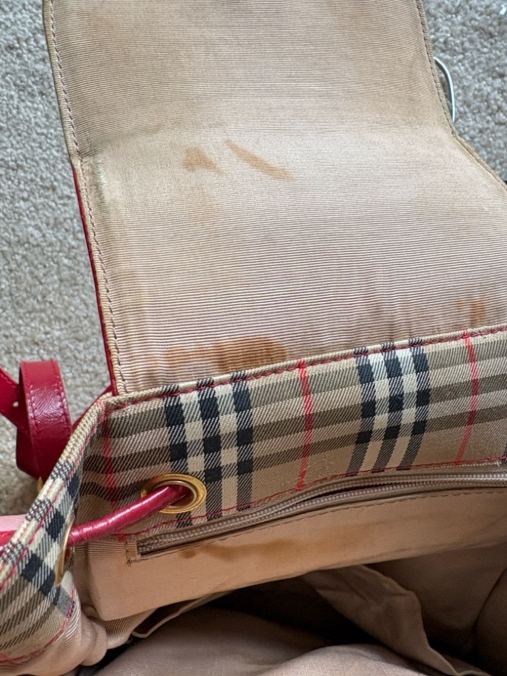 Burberry Red Nova Check Leather-Trim Vintage Check Backpack. - Picture 9 of 10